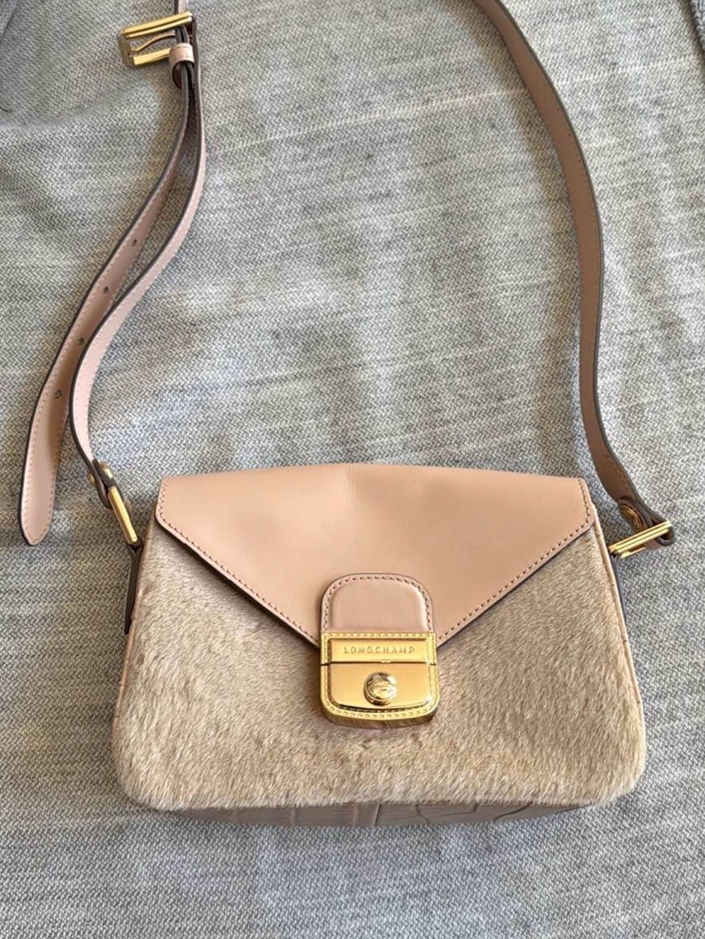 Longchamp Mademoiselle Calf Hair and Leather Crossbody Bag with Gold Hardware
